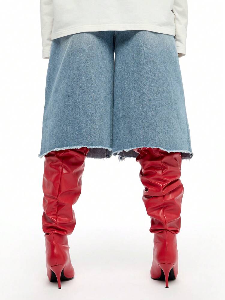 SUMWON WOMEN Shorts Denim com aplique de estrela, cintura alta, desgastado e bainha crua