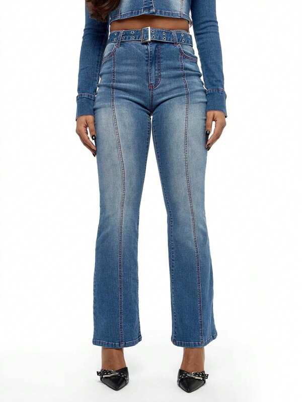 SUMWON WOMEN Blugi stretch din denim cu talie înaltă, bootcut, cu detalii din cusătură frontală, pantaloni la modă Y2K cu curea, perfecți atât pentru ținute casual, cât și semi-formale.