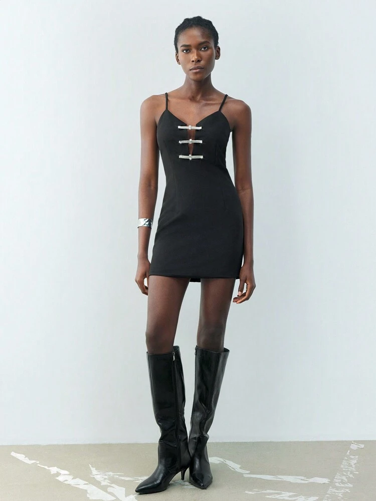 SHEIN Maija Women's Elegant Knit Mini Dress With Bow & Rhinestone Decor, Suitable For Urban Chic Spring/Summer Parties, Valentine's Day, Casual, Romantic Vacation, Suitable For Going Out, Party, Wedding Guest, Vintage Style, Valentine's Day