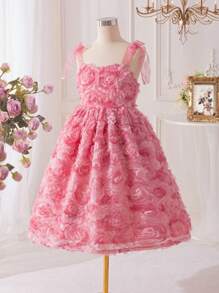 SHEIN 青少年女孩蝴蝶结装饰 3D 花卉优雅连衣裙 - 粉色 - 查看 4