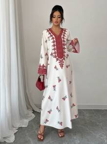 Yasmyna Women's Woven Printed Loose Long Sleeve Arabic Kaftan Dress, Arabian Dresses,Modest - Red - View 3