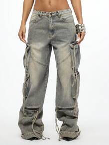 SUMWON WOMEN Vaqueros de carga con efecto desgastado, múltiples bolsillos con cremallera, estilo Y2K de pierna ancha con detalle de cordón, moda urbana para otoño e invierno - Caqui - Ver 1