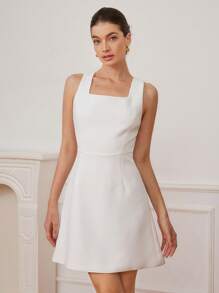 SHEIN Unity French Style Minimalist Fashion Lady Chic Tweeed Sleeveless V-Neck Mini Dress For Dates & Occasions Elegant FashionableOld Money Style  For Summer - White - View 5