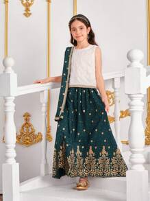 3pcs Tween Girls Sequined Pattern Cami Top, Skirt & Shawl 2 Pieces Set - Multicolor - View 6