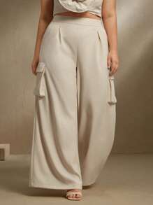 Anewsta Pantalones rectos holgados y casuales de mujer de talla grande con estilo militar, bordados y múltiples bolsillos - Albaricoque - Ver 5