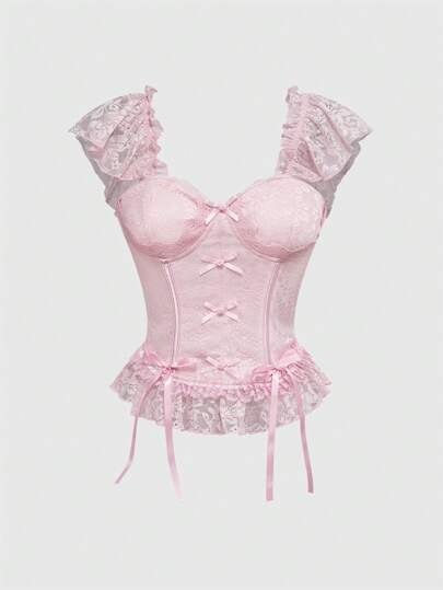 Kawaii Women's Vintage Lace Trim Bowknot Tank Top With Cap Sleeves, Dainty And Elegant