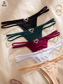 5 sztuk/zestaw wygodnych, romantycznych, jednokolorowych damskich stringów z kryształkami w kształcie serca, seksowne majtki