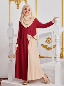 2pcs/Set Tween Girls Headscarf Hat, Bow Decor Patchwork Dress - Multicolor - View 3