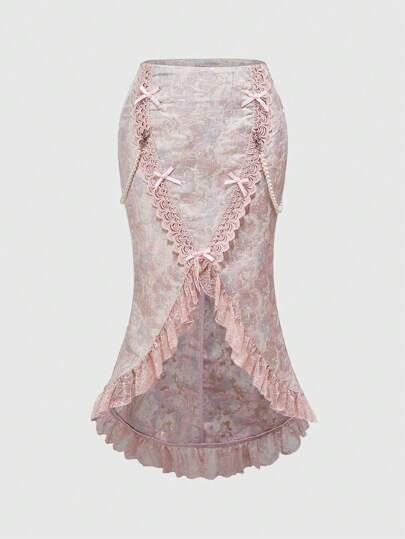 Kawaii Falda estilo cola de pez con bordado de encaje, cadena de perlas y ribete de encaje, estilo elegante de corte para fiesta de té de la tarde de mujeres