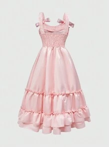 ROMWE Kawaii فستان حفل الشاي مزين بسلسلة ولؤلؤ مقلم بقصات ستان أنيق بنمط فاخر عتيق للنساء - وردي - مشاهدة 2