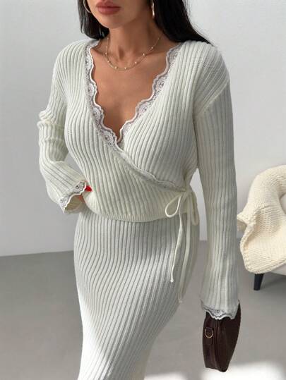 EURMUSE Women Solid Color Lace Detailed Drawstring V-Neck Pullover & Sweater Skirt Set