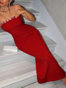 EURMUSE PEARL DETAILED OFF SHOULDER RED LONG DRESS - Red - View 7