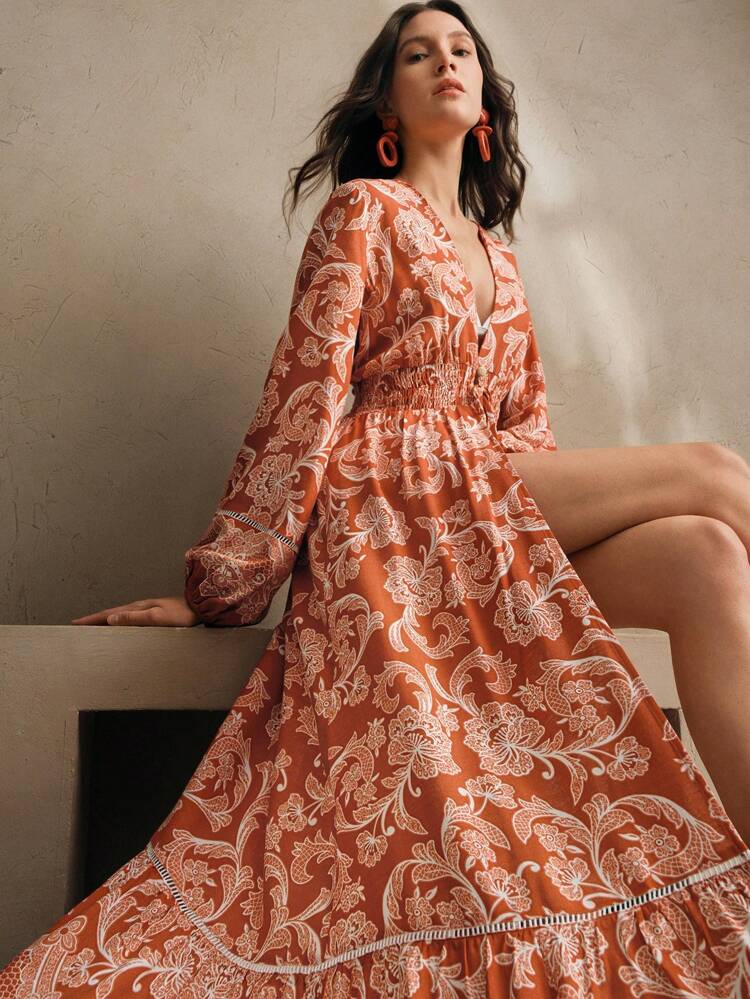 Women's Romantic Charming Vintage Printed Long Cover Up Boho, Beach, Spring Outfits For Summer Beach Vacation