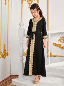 Gold Thread Trim V-Neck 3/4 Sleeve Robe With Belt For Tween Girls - Black - View 5