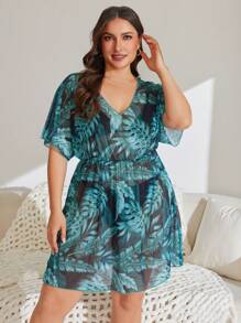 Swim Lushoire Plus Size Tropical Green Plant Print Deep V Mesh Patchwork Cover Up, For Summer Beach Vacation