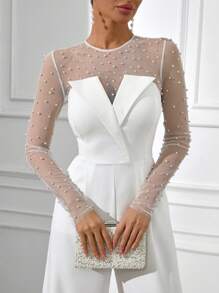 EURMUSE Women Pearly And Tulle Detailed Jumpsuit - White - View 5