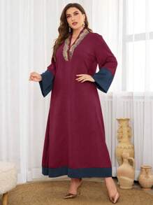 Al Najma Elegant Round Neck Color Block Plus Size Dress, Modest Kaftan Maxi Dresses, For Evening Party/Wedding Guest/Anniversary