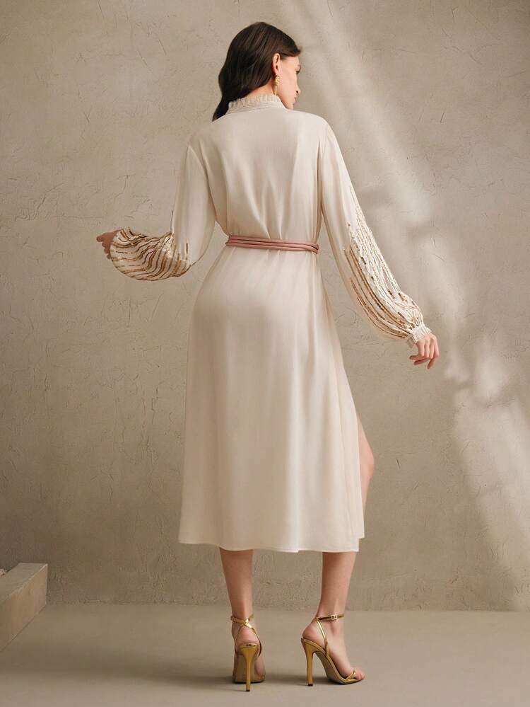 Women's Long Chiffon Cover Up With Sequins Waist Cord, Tassel Decor, Floral Lace Trim, Elegant Lantern Sleeves, Suitable For Spring/Summer, Beach, Vacation