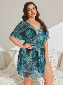 Swim Lushoire Plus Size Tropical Green Plant Print Deep V Mesh Patchwork Cover Up, For Summer Beach Vacation