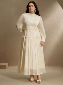 Anewsta Váy dài tay cỡ lớn cho nữ có tay bồng đặc biệt, xếp ly eo và cổ đứng, váy chữ A trang trọng - Rượu sâm banh - Xem 5