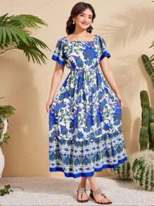 SHEIN فستان طابع نمطي تقليدي مطبوع بزهور للفتيات المراهقات، طراز للعطلات - متعدد الألوان - مشاهدة 1