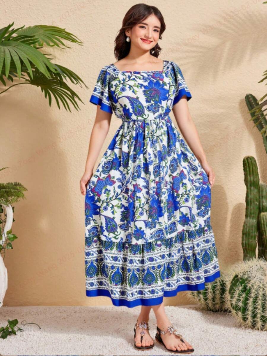 SHEIN فستان طابع نمطي تقليدي مطبوع بزهور للفتيات المراهقات، طراز للعطلات - متعدد الألوان - مشاهدة 1