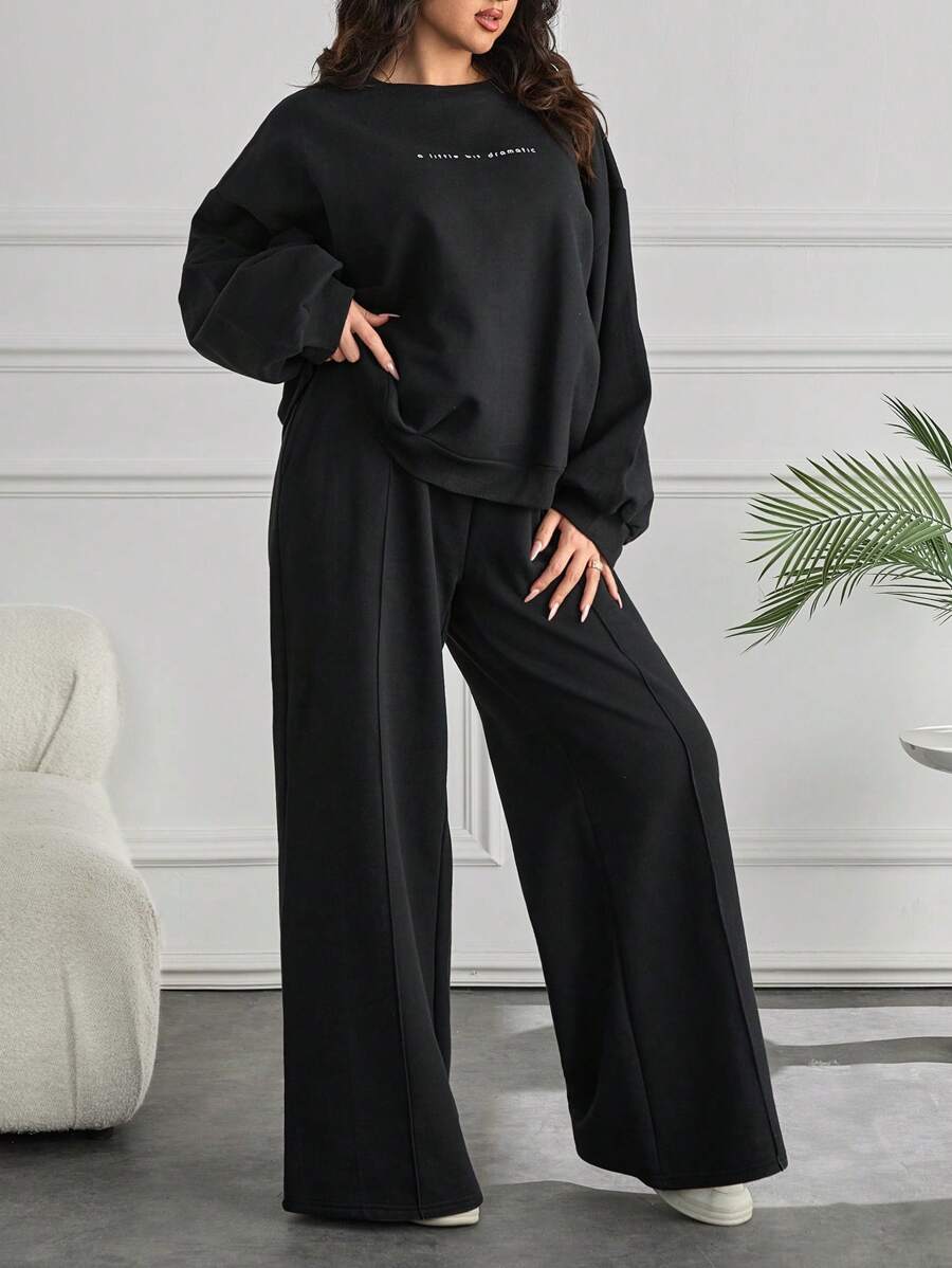 RueChic SLEEVE CUT DETAIL SLOGANED SWEATSHIRT AND WIDE LEG PANTS - Black - View 1