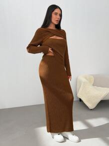 EURMUSE Women Solid Color Front Twist Cable Knit Pattern Pullover & Sweater Skirt Set - Brown - View 5