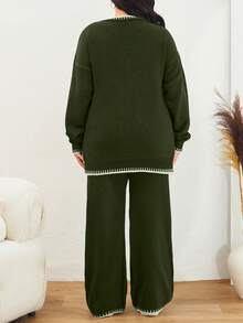 EURMUSE Color Block Edged Long Sleeve Sweater And Knitted Pants Two Piece Set - Army Green - View 2