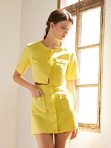 Aveloria Rosie Minimalist Sophisticated Commute & Versatile Button Design Round Neck Crop Top Paired With Straight Pocket Decor Mini Skirt 2pcs Set For Women   Old Money Style For Summer - Yellow - View 5
