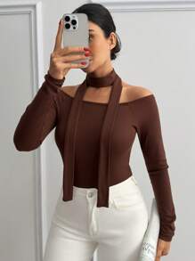 EURMUSE 女士纯色罗纹针织细节上衣