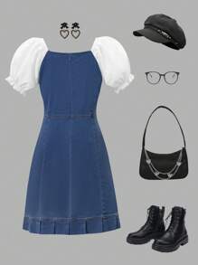 Tween Girl Casual Cute Denim Patchwork Balloon Sleeve Bow Dress, Suitable For Spring - Blue - View 2