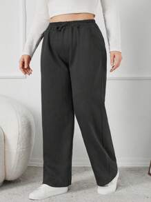 RueChic Plus Size Wide Leg Pull On Sweatpants With Cords - Dark Grey - View 3