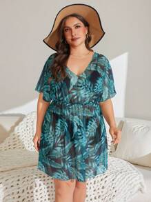 Swim Lushoire Plus Size Tropical Green Plant Print Deep V Mesh Patchwork Cover Up, For Summer Beach Vacation