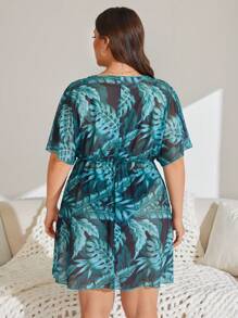 Swim Lushoire Plus Size Tropical Green Plant Print Deep V Mesh Patchwork Cover Up, For Summer Beach Vacation