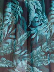 Swim Lushoire Plus Size Tropical Green Plant Print Deep V Mesh Patchwork Cover Up, For Summer Beach Vacation