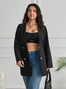 EURMUSE Women Blazer With Double Button Placket, Flap Detail - Black - View 4