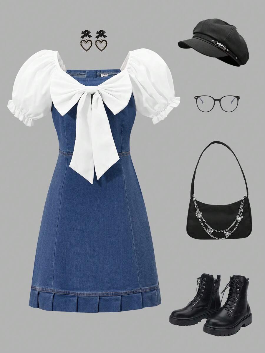 Tween Girl Casual Cute Denim Patchwork Balloon Sleeve Bow Dress, Suitable For Spring - Blue - View 1