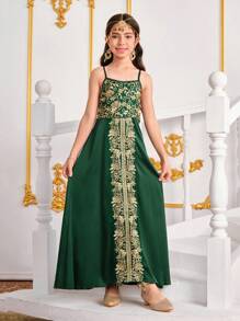 SHEIN 2pcs/Set Tween Girl Elegant Traditional Gold Flower & Green Dress + Mesh Jacket - Dark Green - View 4