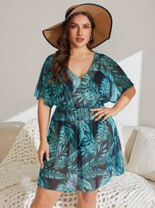 Swim Lushoire Plus Size Tropical Green Plant Print Deep V Mesh Patchwork Cover Up, For Summer Beach Vacation