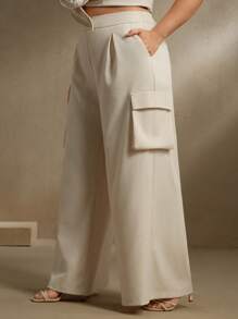 Anewsta Pantalones rectos holgados y casuales de mujer de talla grande con estilo militar, bordados y múltiples bolsillos - Albaricoque - Ver 4