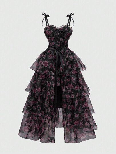 2 Stücke Vintage Palast Stil Elegant Romantisch Rose Muster Mehrschichtiger Kuchen Rock Set für Damen