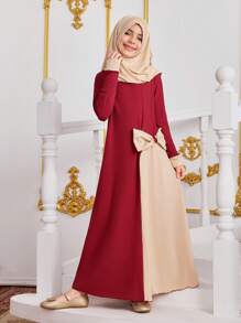 2pcs/Set Tween Girls Headscarf Hat, Bow Decor Patchwork Dress - Multicolor - View 1