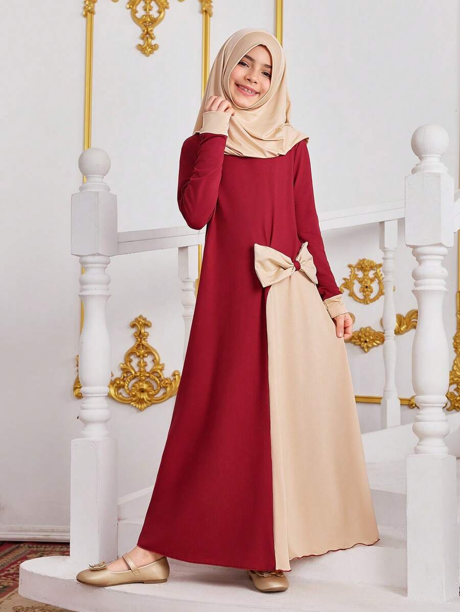 2pcs/Set Tween Girls Headscarf Hat, Bow Decor Patchwork Dress - Multicolor - View 1