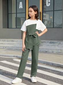 SHEIN Leap Crew 青少年女孩都市时尚梭织上衣，撞色拼接，宽松长裤，两件套服装 - 橄欖綠 - 查看 5