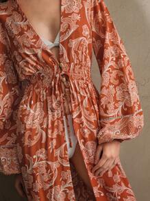 Anewsta 女士浪漫迷人复古印花长款罩衫波西米亚风、海滩、春季服装 - 橘色 - 查看 2