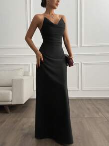 EURMUSE Women's Solid Ruched Front Elegant Maxi Dress - Black - View 4