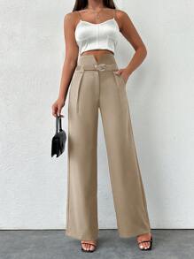 SHEIN Tall Tall Black Slit Waist Straight Pants - Krem - View 3