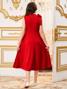 SHEIN 青少年女孩修身可爱蝴蝶结立领无袖连衣裙