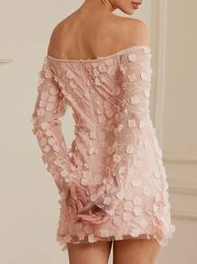 Aveloria Rosie 法式优雅露肩网眼花朵细节收腰短款长袖连衣裙，特殊面料 - 粉色 - 查看 5